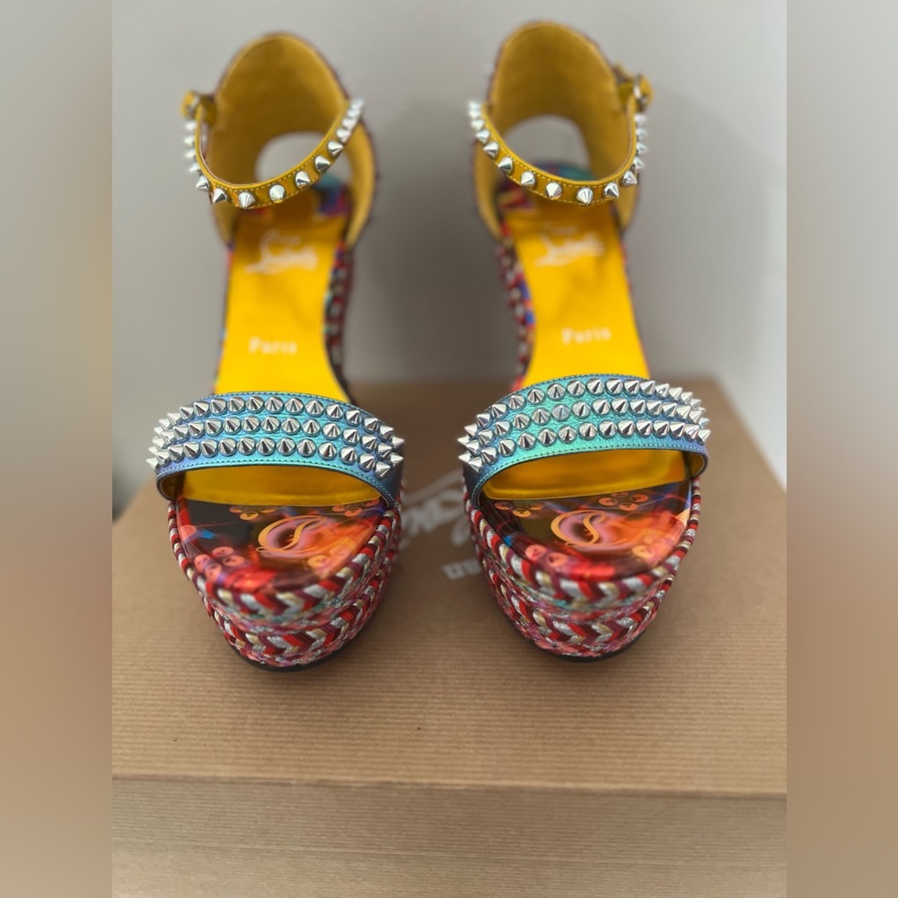 CHRISTIAN LOUBOUTIN WOMEN'S MADMONICA 120 STUDDED WEDGE SANDAL